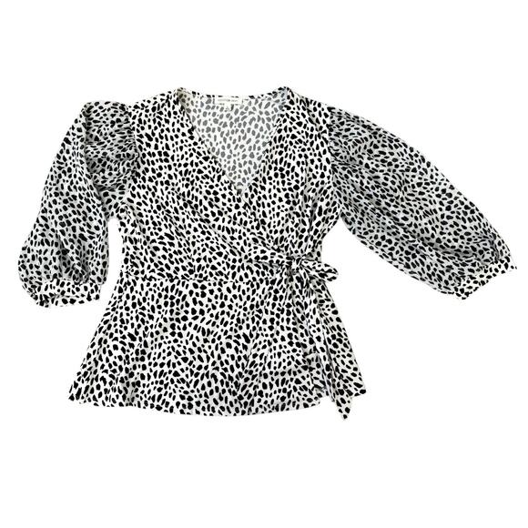 Perseption Concept Black/White Spotted Sheer Sleeve Blouse Womens Size L - Picture 1 of 8